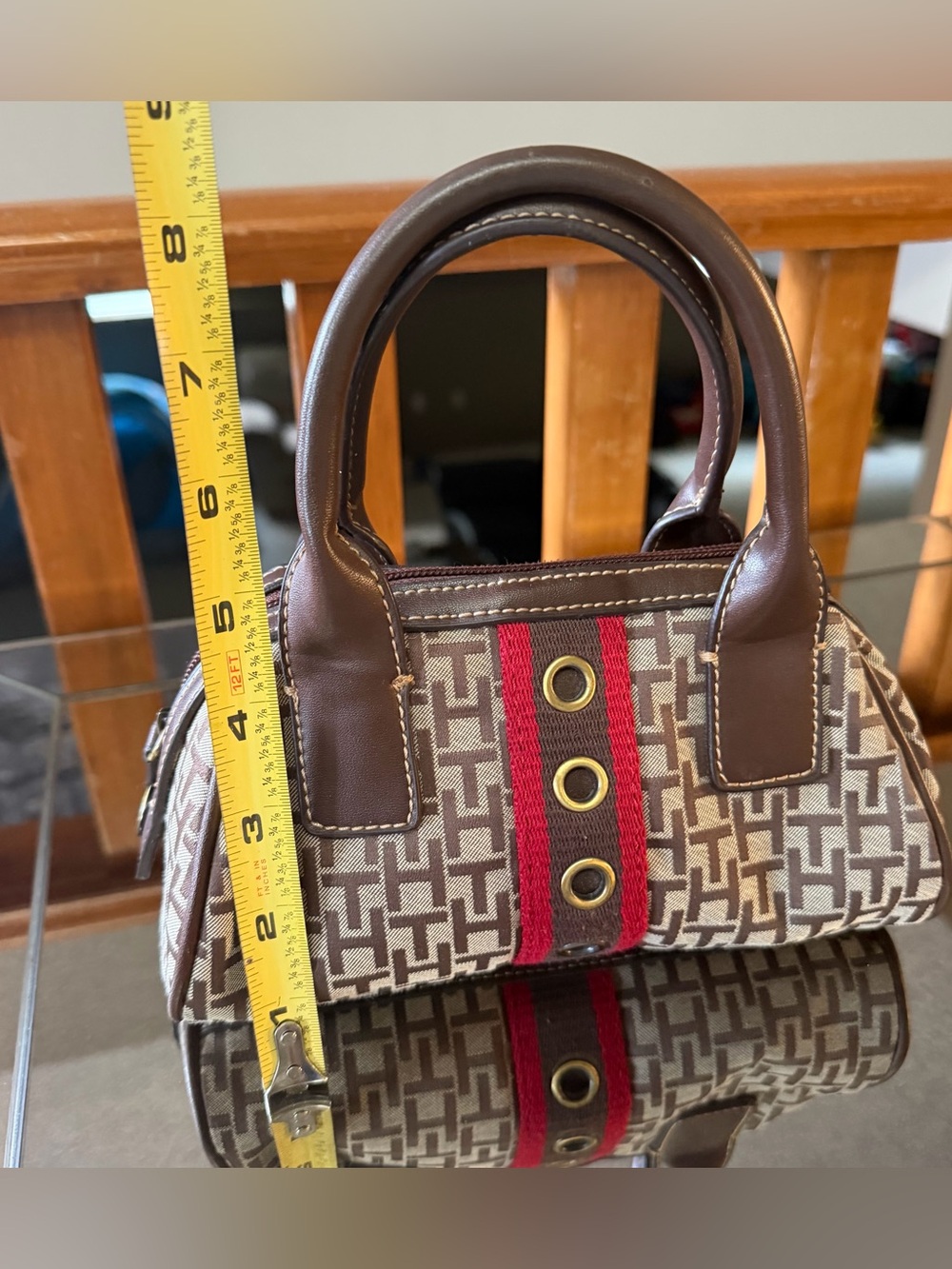 Vintage Tommy Hilfiger Brown Patterned Canvas Satchel with Red Stripe - Picture 7 of 7
